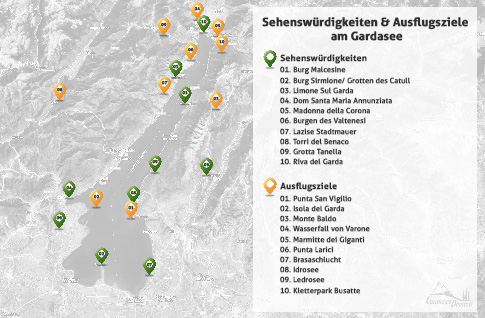 Karte der Sehenswürdigkeiten und Ausflugsziele am Gardasee, Italien