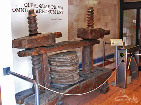 Historische Olivenpresse im lmuseum in Cisano di Bardolino, Ostufer des Gardasees, Italien