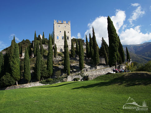 Typisch italienische Säulenzypressen am Fuß des Castello di Arco am Gardasee, Italien